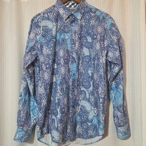 Thomas Dean Shirt Mens Large Blue Paisley Button Down Long Sleeve 100% Cotton